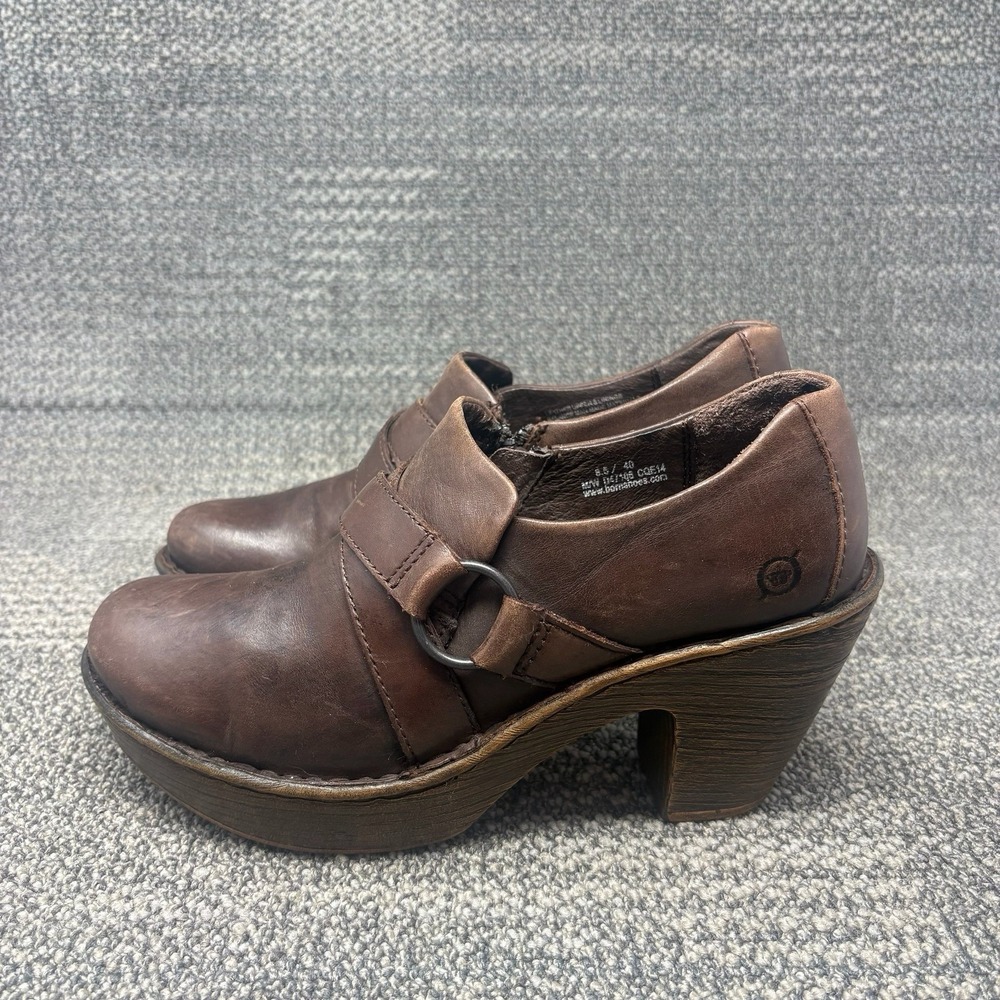 Born Brown Leather Platform Biker Harness Clog Heels D47106 Shoes Women's 8.5
